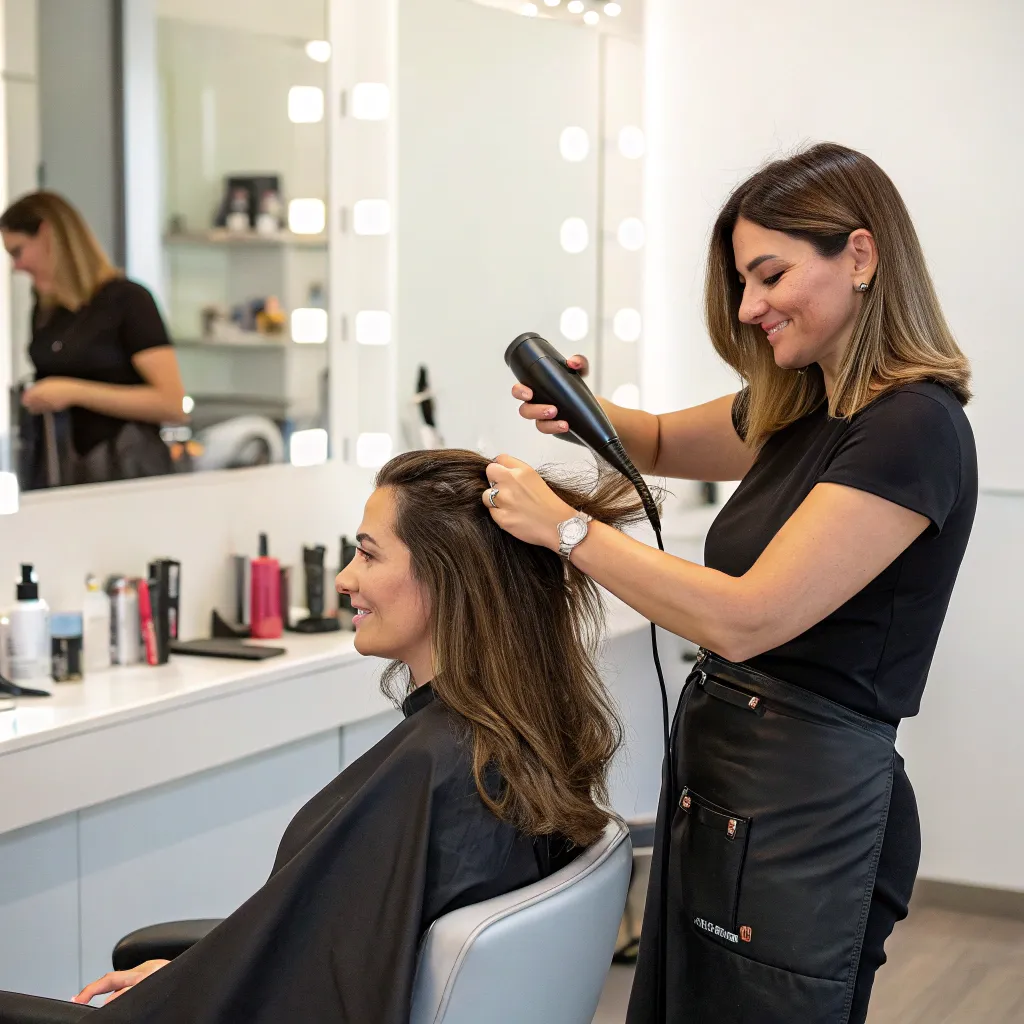 Hair stylist styling hair of a client